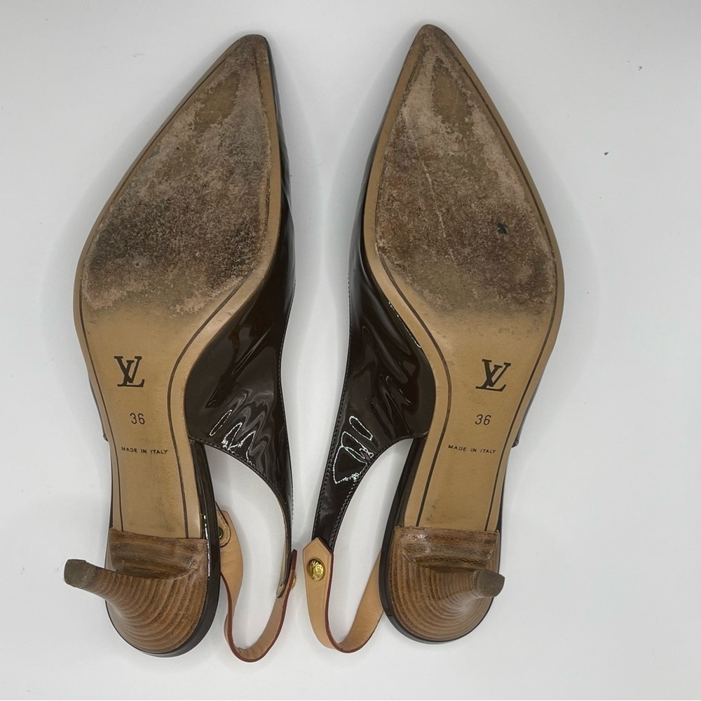 Louis Vuitton | Brown Patent Leather Pointed
Toe Slingback Sandals Heals | EU36 - Picture 15 of 15